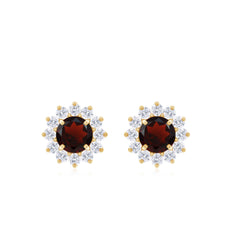 Natural Garnet and Diamond Flower Halo Stud Earrings