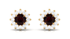 Natural Garnet and Diamond Flower Halo Stud Earrings