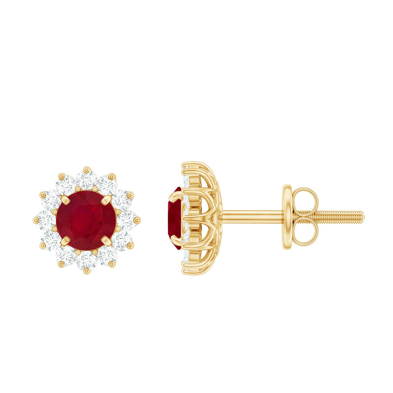 Natural 0.5 Ct Ruby Stud Earrings with Diamond Halo