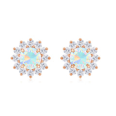 Real Ethiopian Opal Flower Stud Earrings with Diamond Halo