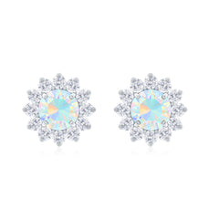 Real Ethiopian Opal Flower Stud Earrings with Diamond Halo