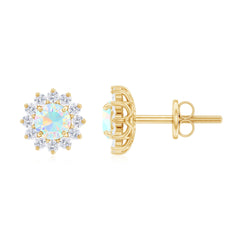 Real Ethiopian Opal Flower Stud Earrings with Diamond Halo