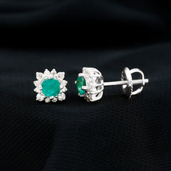Real Emerald Stud Earrings with Diamond Halo