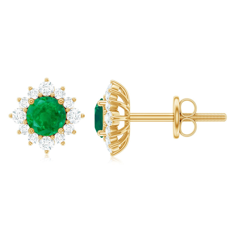 Real Emerald Stud Earrings with Diamond Halo