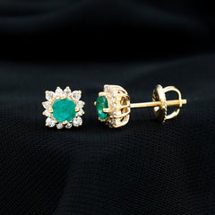 Real Emerald Stud Earrings with Diamond Halo