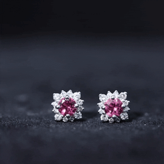 Round Pink Tourmaline Stud Earrings with Diamond Halo