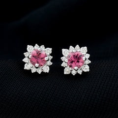 Round Pink Tourmaline Stud Earrings with Diamond Halo