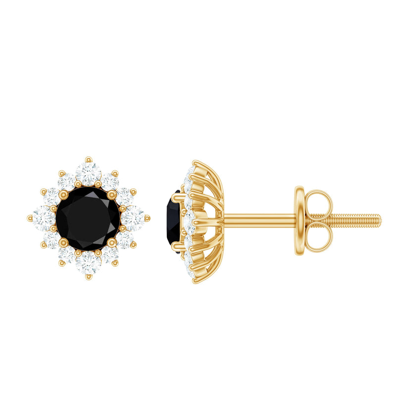 Real Black Onyx Stud Earrings with Diamond Halo