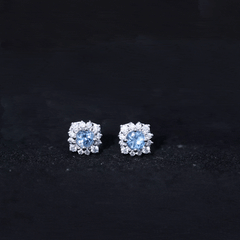 Real Aquamarine Stud Earrings with Moissanite Halo