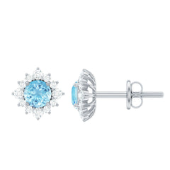 Real Aquamarine Stud Earrings with Moissanite Halo