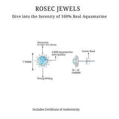 Real Aquamarine Stud Earrings with Moissanite Halo
