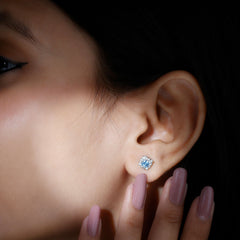 Real Aquamarine Stud Earrings with Moissanite Halo