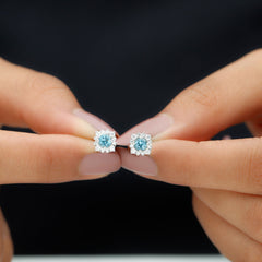 Real Aquamarine Stud Earrings with Moissanite Halo
