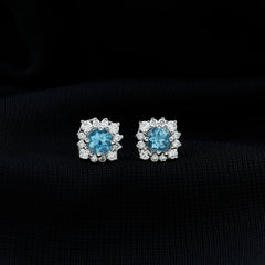 Real Aquamarine Stud Earrings with Moissanite Halo