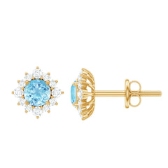 Real Aquamarine Stud Earrings with Moissanite Halo