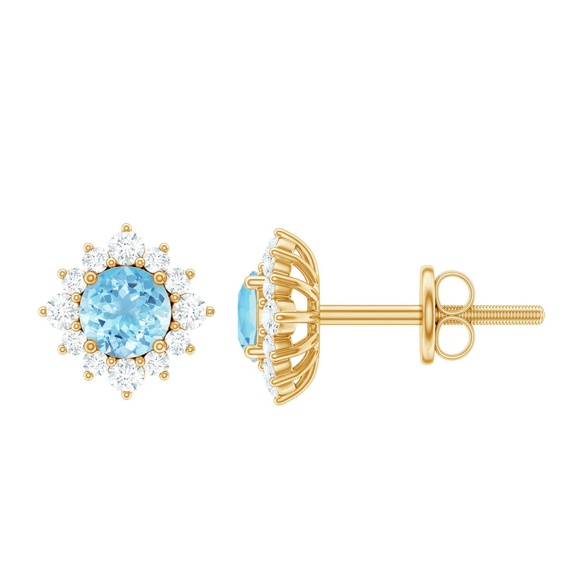 Real Aquamarine Stud Earrings with Moissanite Halo