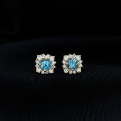 Real Aquamarine Stud Earrings with Moissanite Halo