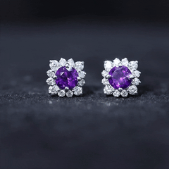 Genuine Amethyst Stud Earrings with Diamond Halo