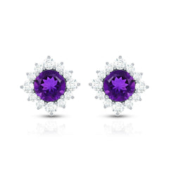 Genuine Amethyst Stud Earrings with Diamond Halo