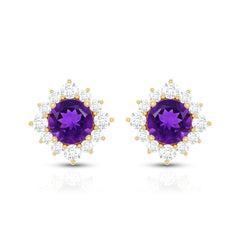 Genuine Amethyst Stud Earrings with Diamond Halo