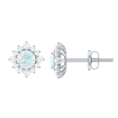 Classic Ethiopian Opal Stud Earrings with Diamond Halo