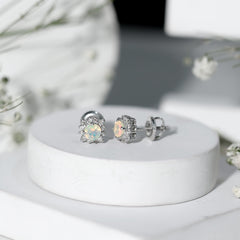 Classic Ethiopian Opal Stud Earrings with Diamond Halo