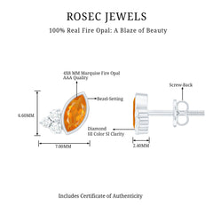 Marquise Cut Fire Opal Stud Earrings with Diamond Trio