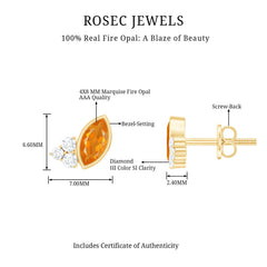 Marquise Cut Fire Opal Stud Earrings with Diamond Trio