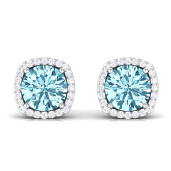 Natural Aquamarine Bridal Stud Earrings with Diamond Halo