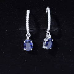 Oval Lab Created Blue Sapphire and Moissanite Hoop Drop Earrings