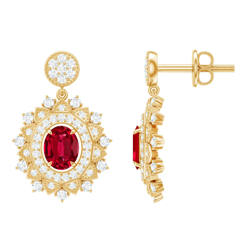 Vintage Lab Created Ruby Bridal Drop Earrings with Diamonds