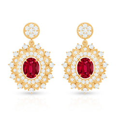 Vintage Lab Created Ruby Bridal Drop Earrings with Diamonds