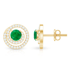 Natural Emerald Diamond Swirl Earrings with Screw Back