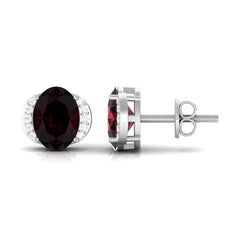 Oval Garnet Solitaire Stud Earrings with Diamond