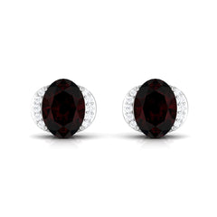Oval Garnet Solitaire Stud Earrings with Diamond