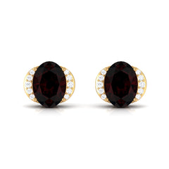 Oval Garnet Solitaire Stud Earrings with Diamond