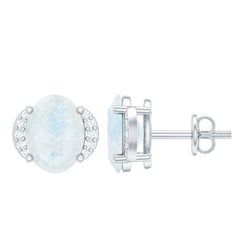 1.2 Carat Oval Moonstone Solitaire Stud Earrings with Diamond