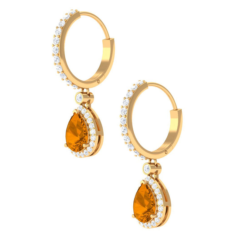 Natural Citrine Teardrop Earrings with Hinged Hoop