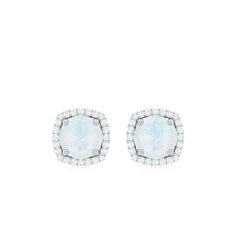 Natural 0.7 Carat Moonstone Stud Earrings with Diamond Halo