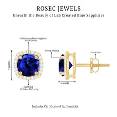 Certified Lab Grown Blue Sapphire and Diamond Halo Stud Earrings