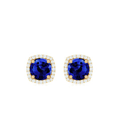 Certified Lab Grown Blue Sapphire and Diamond Halo Stud Earrings