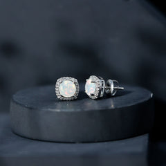 Real 1.6 Carat Ethiopian Opal and Diamond Halo Stud Earrings