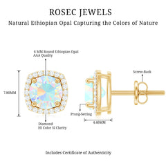 Real 1.6 Carat Ethiopian Opal and Diamond Halo Stud Earrings
