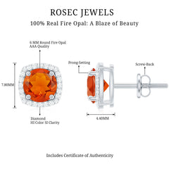 1.5 CT Round Fire Opal and Diamond Halo Stud Earrings