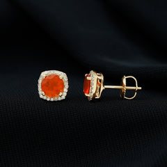 1.5 CT Round Fire Opal and Diamond Halo Stud Earrings