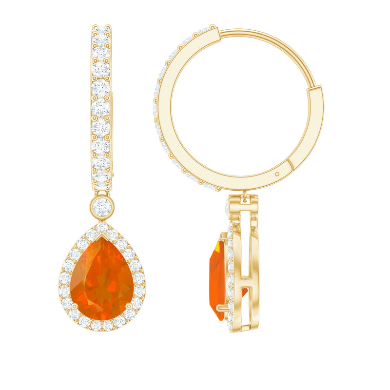 Natural Fire Opal Teardrop Hoop Earrings with Moissanite