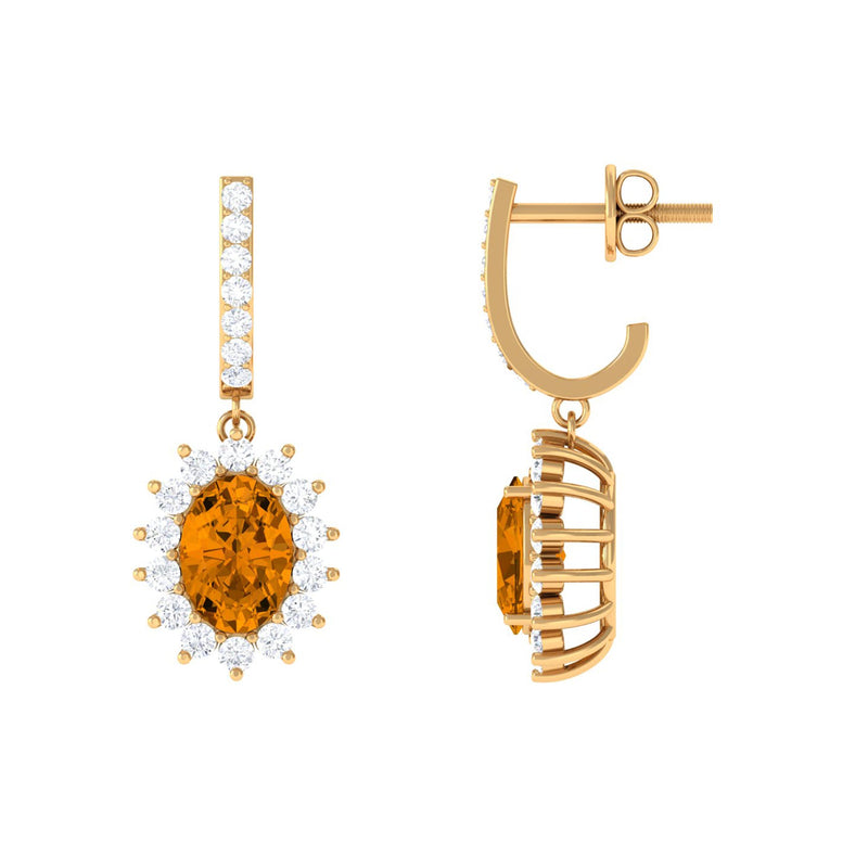 Natural 6X8mm Oval Citrine Drop Earrings with Moissanite