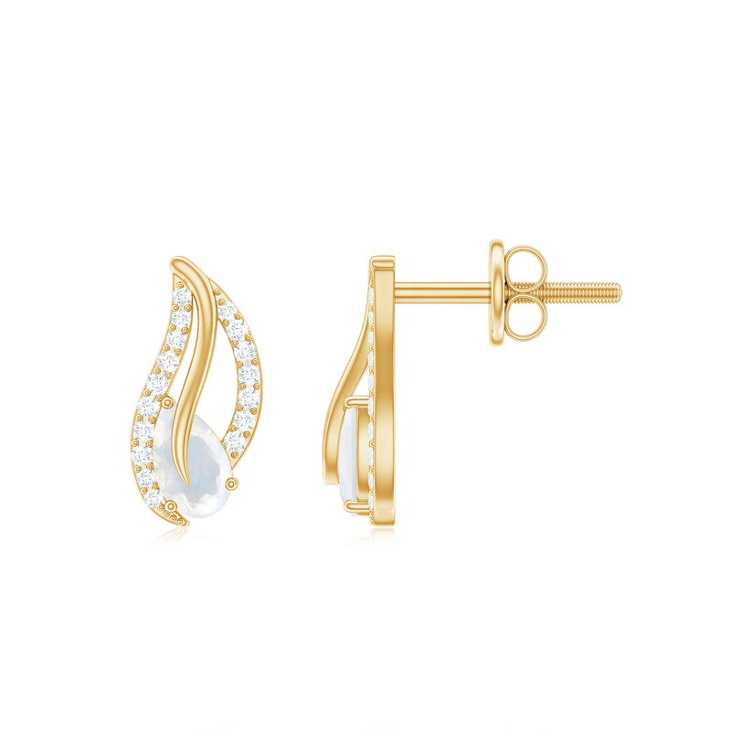 Natural Moonstone Leaf Stud Earrings with Diamond