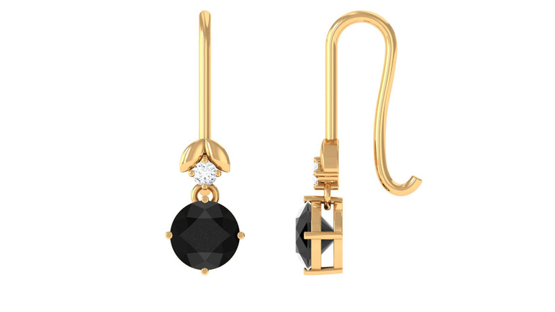 Natural Black Onyx Diamond Drop Earrings with Fish Hook