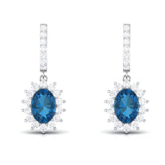 Natural 2 Carat London Blue Topaz Drop Earrings with Diamond Halo
